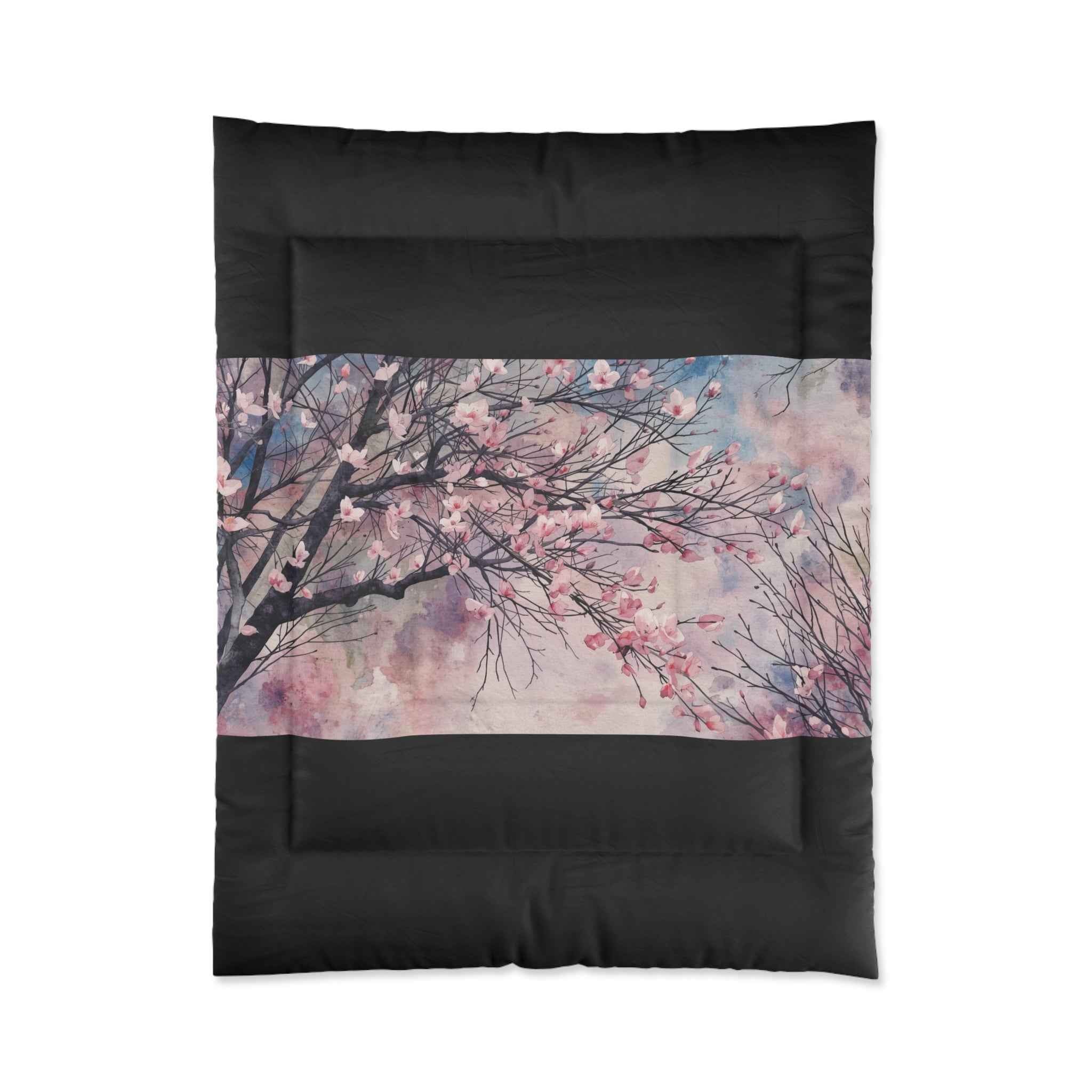 Cherry Blossom Comforter Set Lightweight Pink Watercolor Tree Bedding Microfiber
